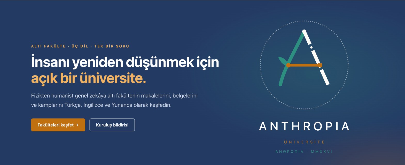 ANTHROPIA ana sayfası: lacivert zemin üzerinde A monogramı ve “İnsanı yeniden düşünmek için” başlığı