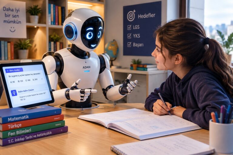Masada ders çalışan bir öğrenciye tablet üzerinden soru çözümü anlatan insansı robot