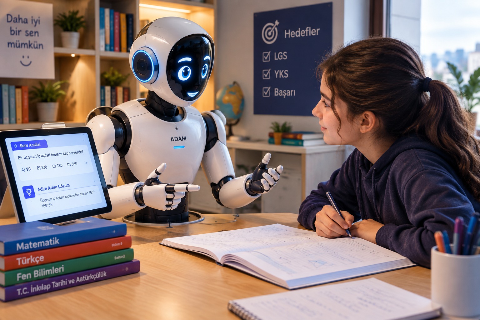Masada ders çalışan bir öğrenciye tablet üzerinden soru çözümü anlatan insansı robot